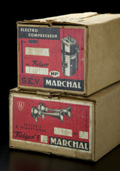 Vintage Marchal Air Horns And Compressor, New In Box